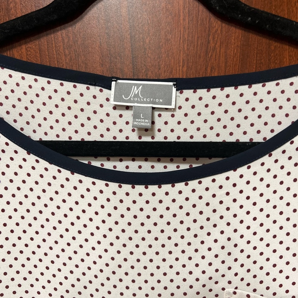 JM Collection Navy Trim Polka Dot Blouse